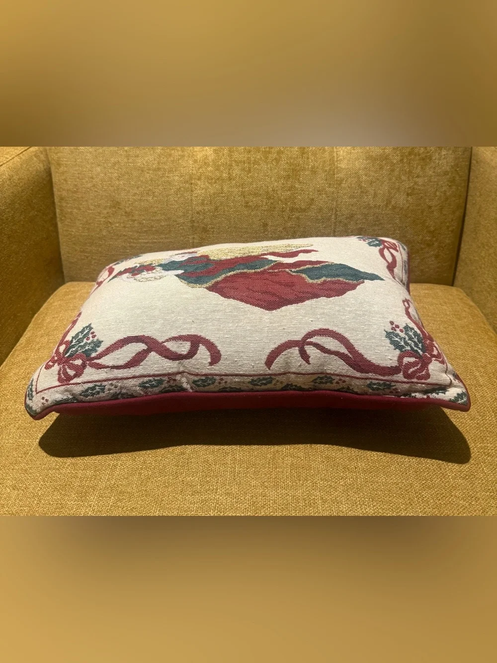 Vintage Riverdale Christmas Angel Tapestry Pillow Gold Metallic Made in USA 16”